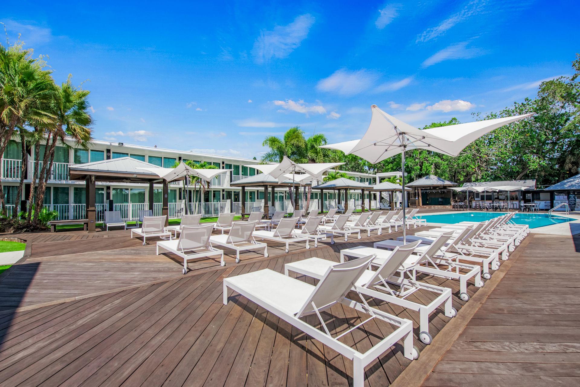 A hotel pool area with numerous white lounge chairs, large umbrellas, and surrounding green trees. Clear blue sky and building in the background.