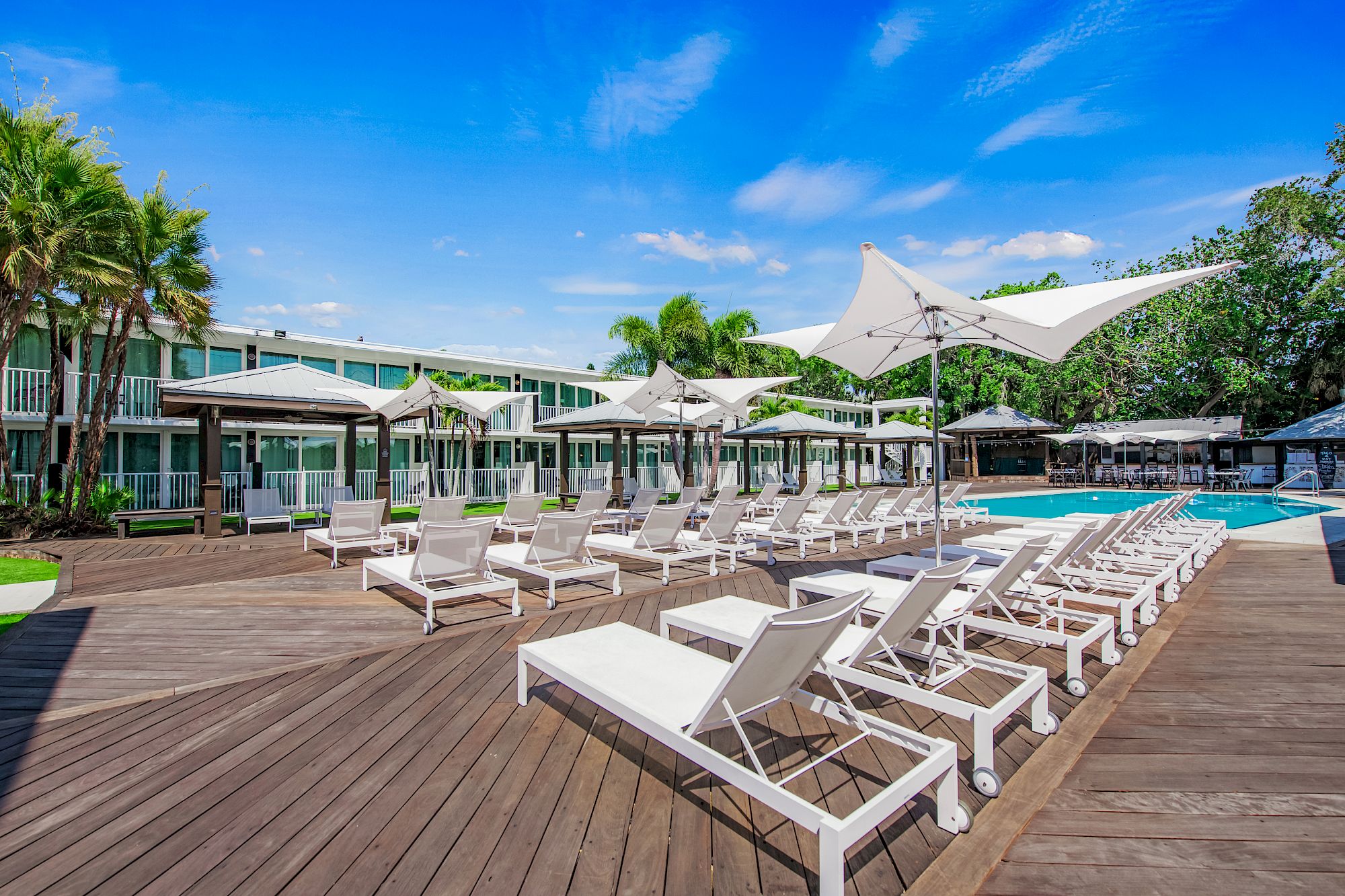 A hotel pool area with numerous white lounge chairs, large umbrellas, and surrounding green trees. Clear blue sky and building in the background.