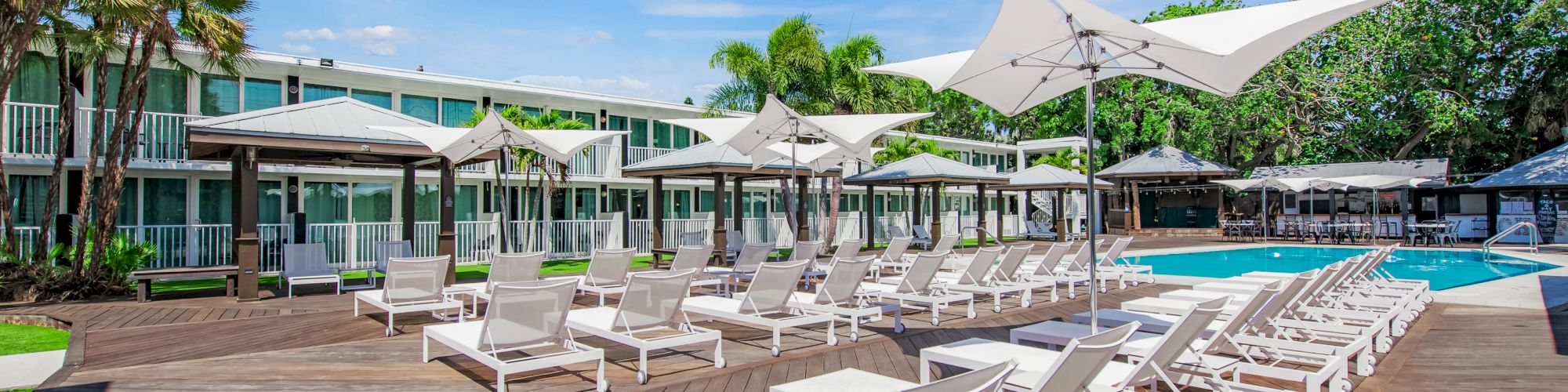 A spacious poolside area with numerous lounge chairs, large umbrellas, palm trees, and a building in the background under a sunny sky.