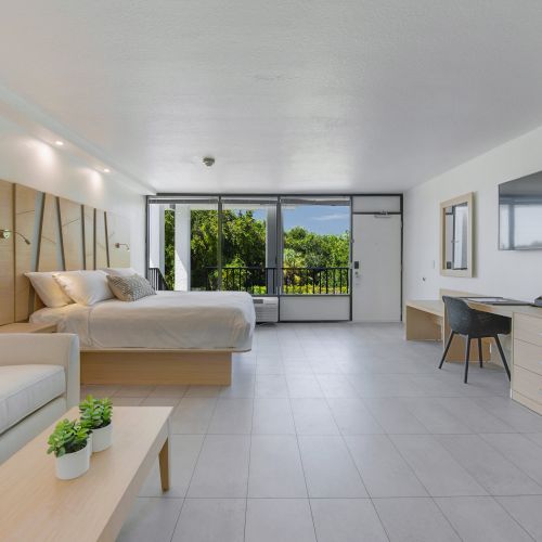 A spacious, modern bedroom features a bed, sofa, TV, desk, and a large window with a view of greenery, complemented by minimalist decor and plants.