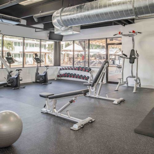 A modern gym with various workout equipment including a bench, exercise machines, weights, yoga ball, and mats, with large windows letting in natural light.