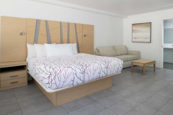 A modern hotel room with a large bed, a nightstand, a small couch, a coffee table, and a framed picture on the wall beside an open doorway.