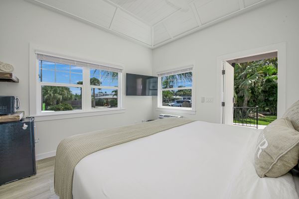 A bright bedroom with white walls, a bed, TV, window views of a garden, a mini-fridge, and a door opening to the outside is shown.