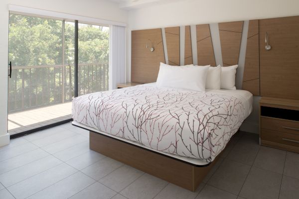 A modern bedroom with a platform bed, white bedding with a branch pattern, wooden headboard, bedside tables, and a sliding glass door leading to a balcony.