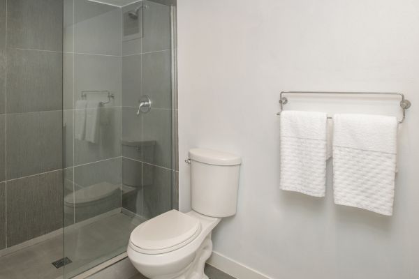 A modern bathroom features a glass-enclosed shower, a toilet, and a towel rack with two white towels hung neatly on the wall.