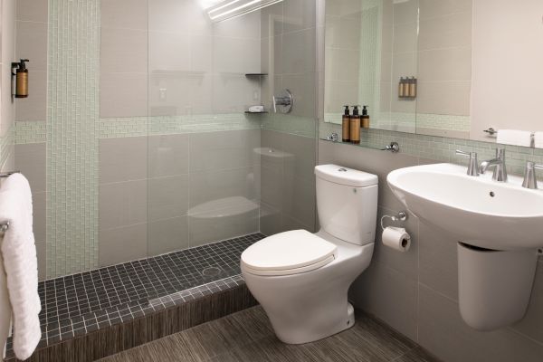 A modern bathroom with a walk-in shower, toilet, and sink, featuring a towel rack, mirror, and toiletries on the counter and in the shower area.