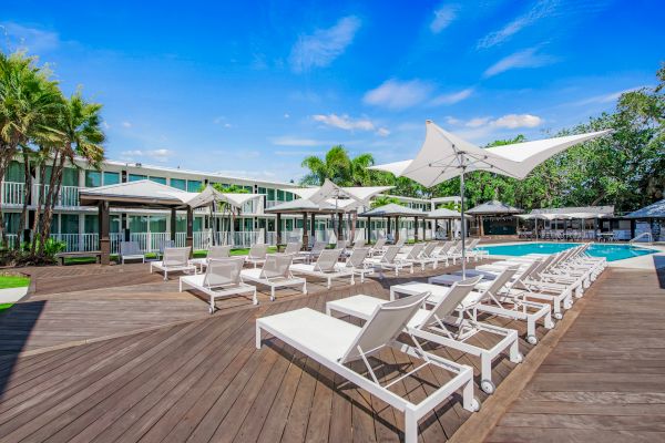 The image shows a serene outdoor pool area with several lounge chairs and umbrellas, surrounded by palm trees and adjacent modern buildings.