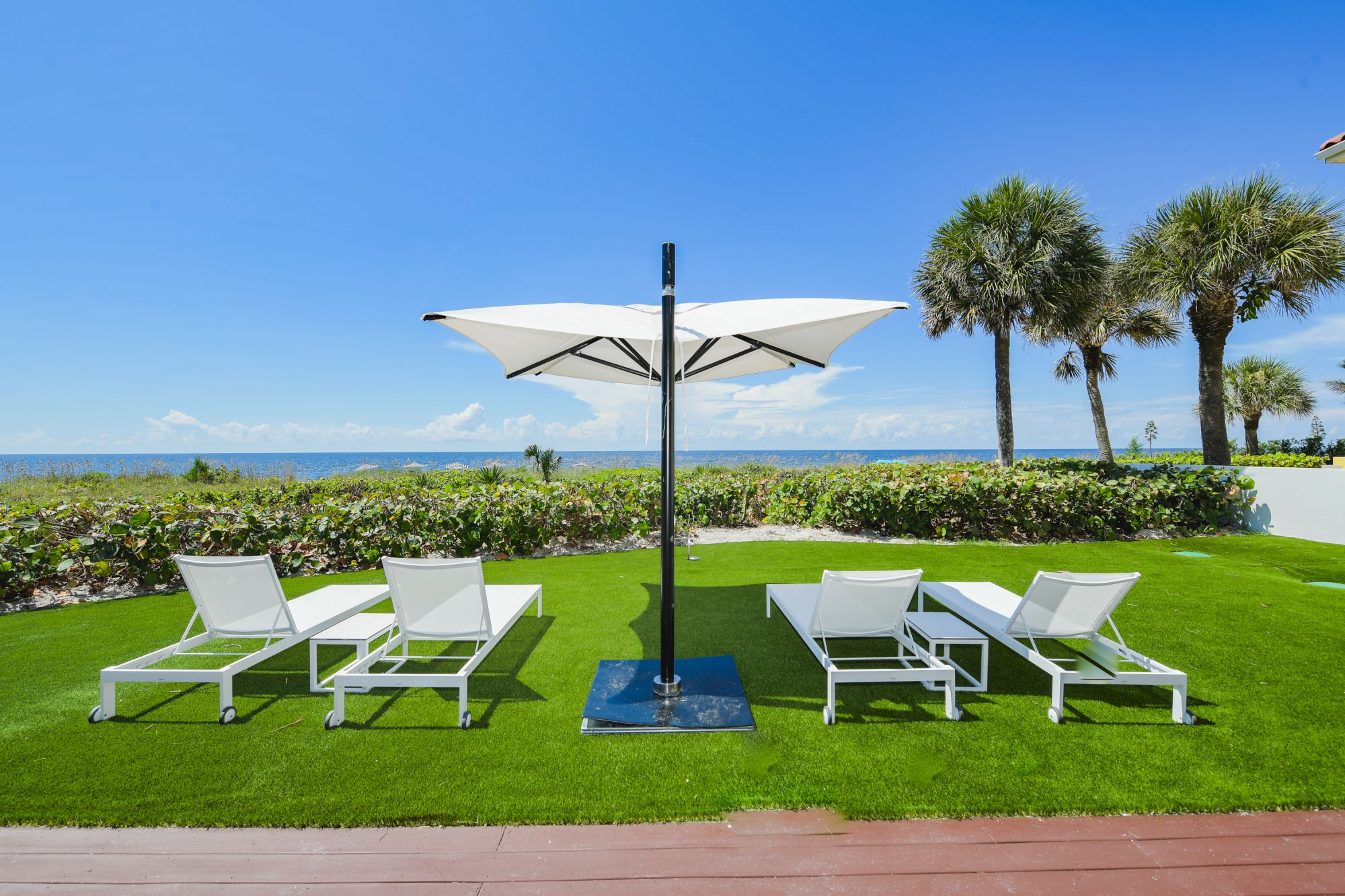 The image shows four white lounge chairs under a large umbrella on a grassy area overlooking the ocean, with palm trees in the background.