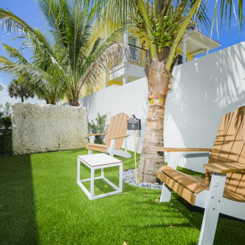 A garden scene with two wooden chairs, a small white table, a palm tree, and a white wall in the background on a sunny day.