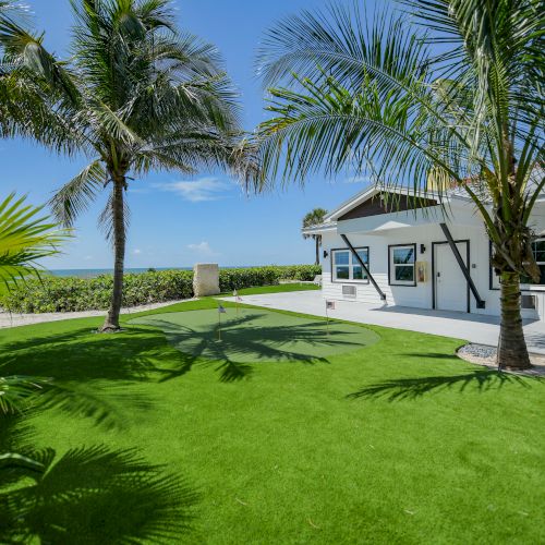 A beautiful yard with green grass, palm trees, and a white house under a clear blue sky near a body of water.