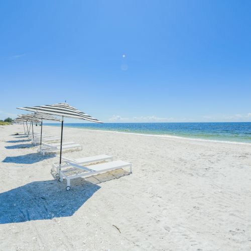 A pristine beach with white sand, striped umbrellas, and lounge chairs under a clear blue sky. The ocean is calm, and there are no people around.