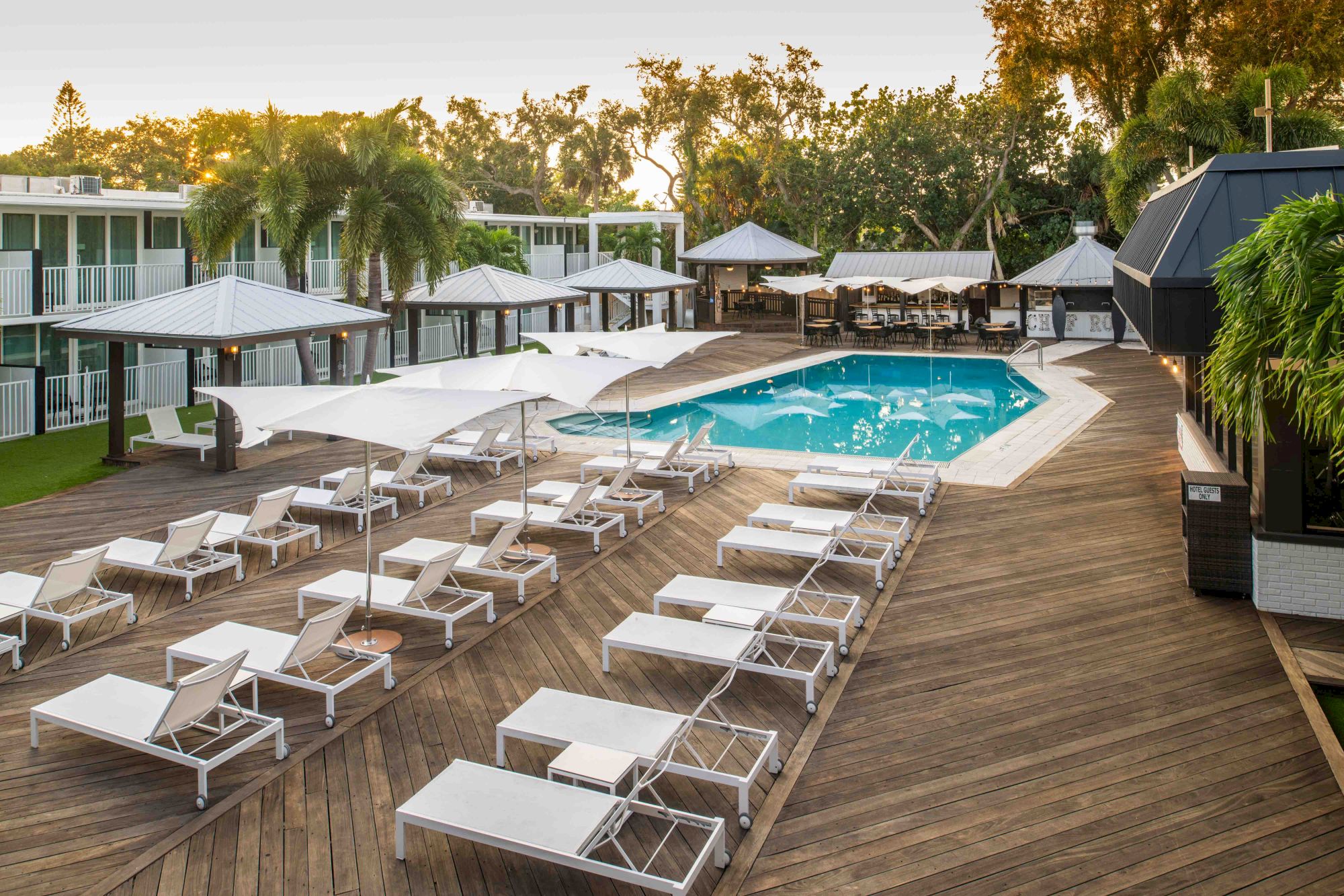 The image shows a serene pool area with white lounge chairs, umbrellas, and surrounding greenery, set amid modern buildings and trees.