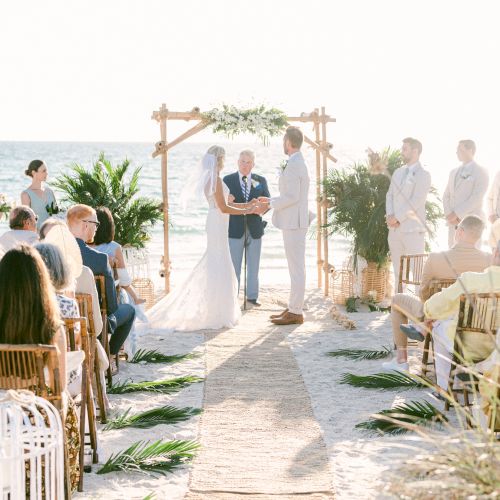 A wedding ceremony on a beach with a couple standing under an arch, surrounded by guests, bridesmaids, and groomsmen in a sunny setting.