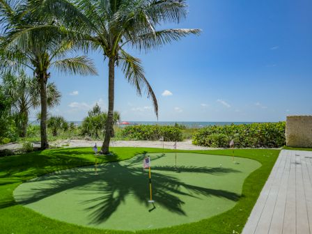 A small putting green with flags is surrounded by palm trees near a beach, under a clear blue sky.